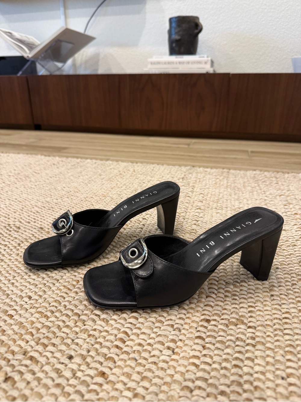 Gianni Bini Black Leather Buckle Slide Mules